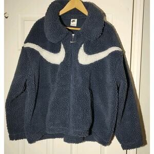 Women's Nike Jacket Thunder Blue White Fleece Sherpa Swoosh Logo Full Zip - XL